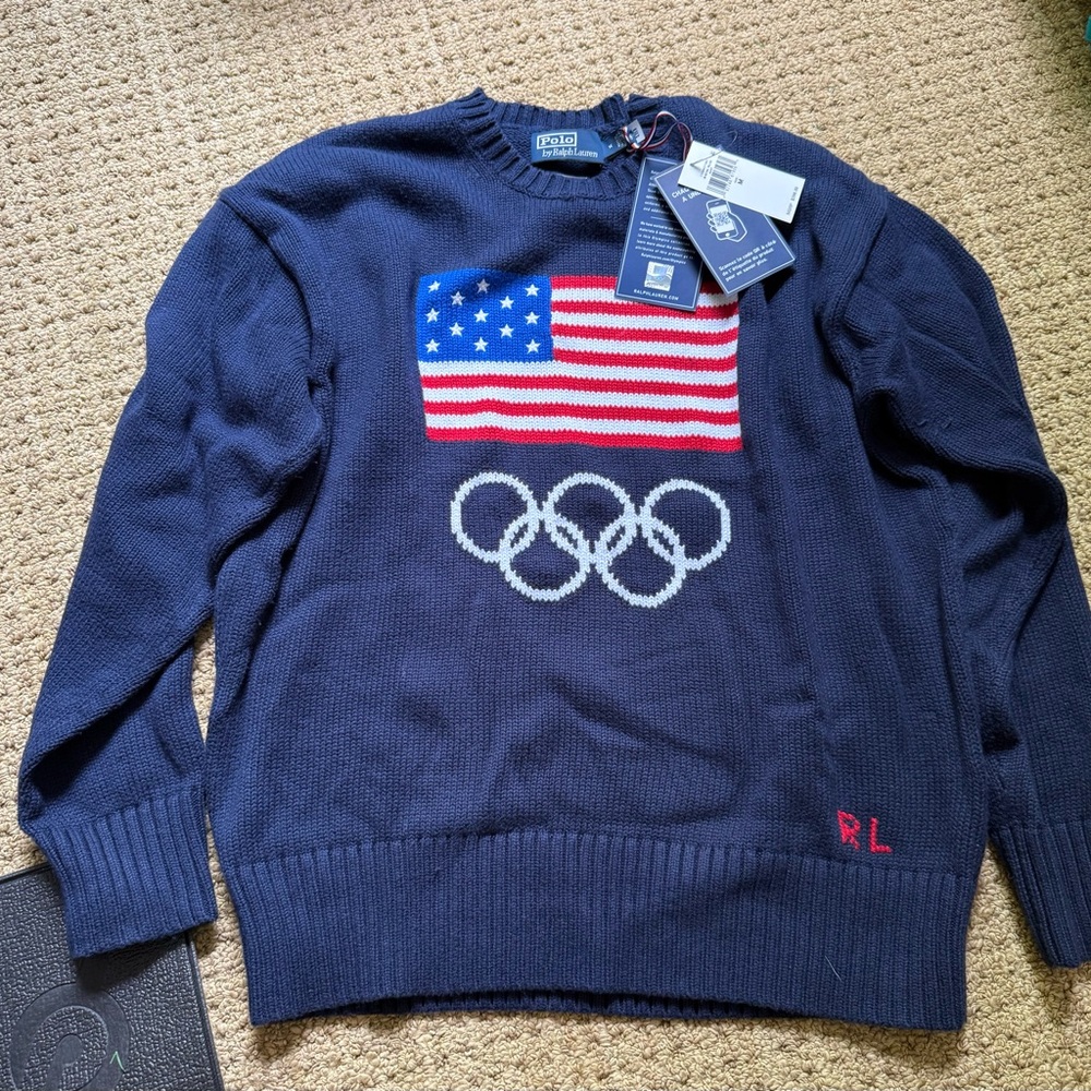Ralph Lauren Navy Blue Crewneck Sweater 2024 Team USA 🇺🇸 w/ Olympic Rings NWT!